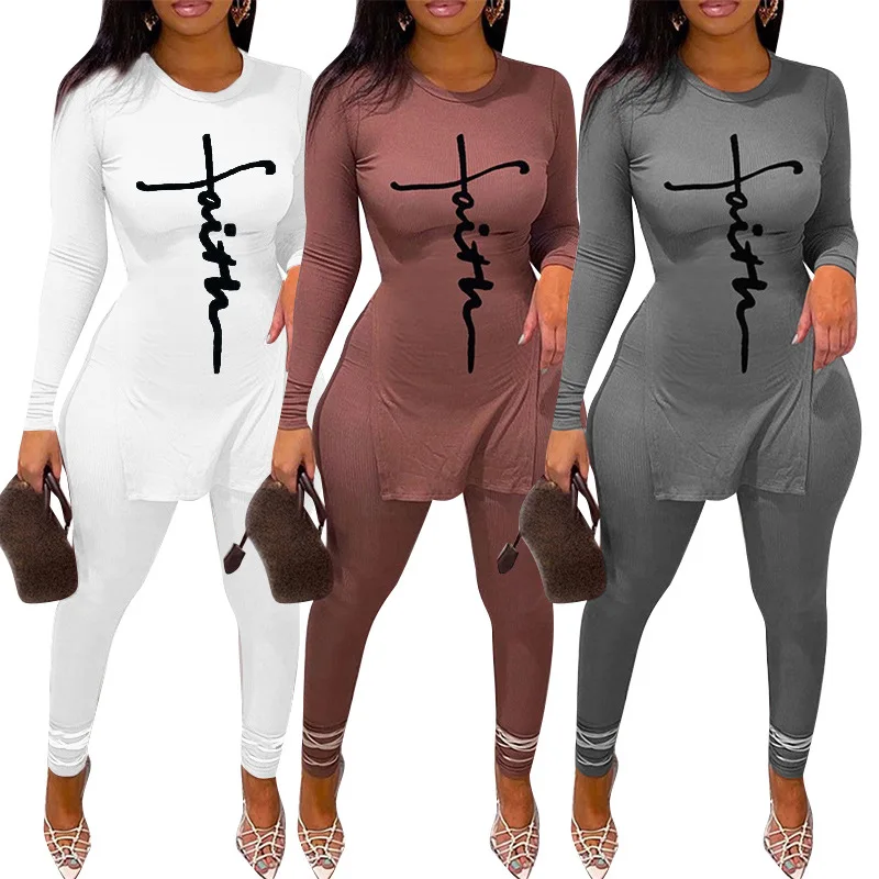 New Tracksuit For Women Faith Letter Ribbed Knit Two Piece Set Casual 2 Pcs Outfits Long Sleeve Tshirts Pants Suit Matching Set