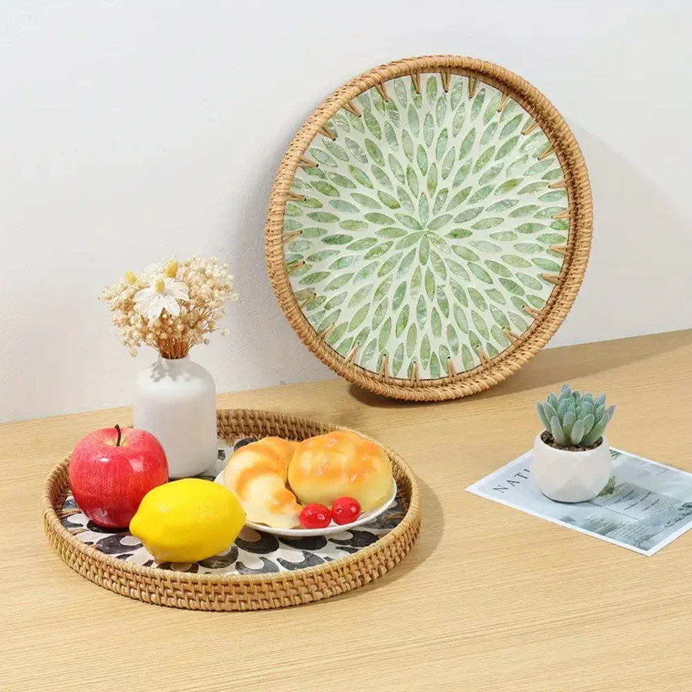1pc Round Rattan Tray Hand Woven Basket Home Decor Organizer Rattan Tray Wicker Basket for Home Kitchen Table Decor
