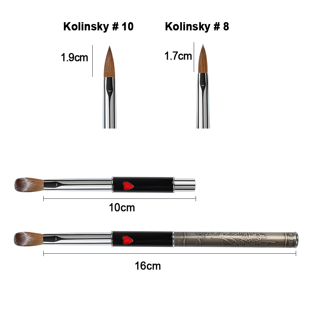 ANGNYA #8 #10 Kolinsky Hair Sable Acrylic Nail Brush Antique Style With Red Heart Metal Handle Nail Art Brushes Manicure Tools 5