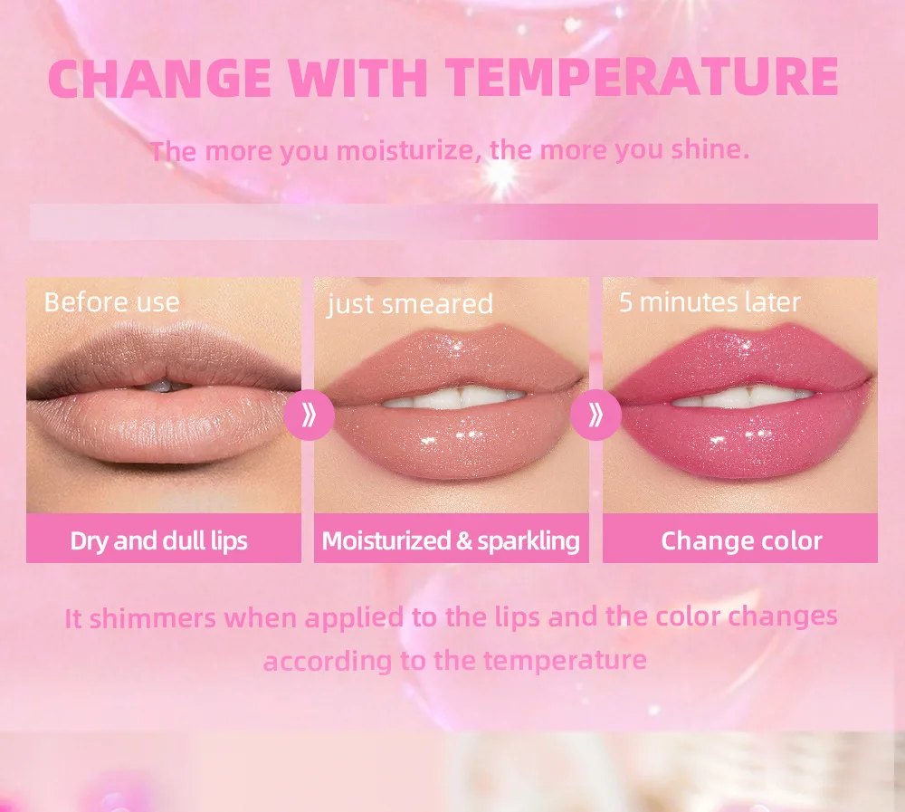 Description Picture 5 of itemMoisturizing Mirror Lip Gloss Glitter Jelly Lipstick Temperature Color Changing Lip Oil Transparent Shiny Lip Care Cosmetics