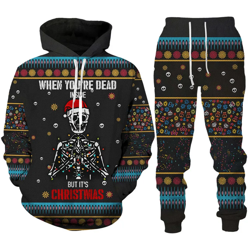 

New 3D Printing Christmas Skull Fashion Men Women Tracksuits Crewneck Hoodies+pants Plus Size S-7XL Harajuku