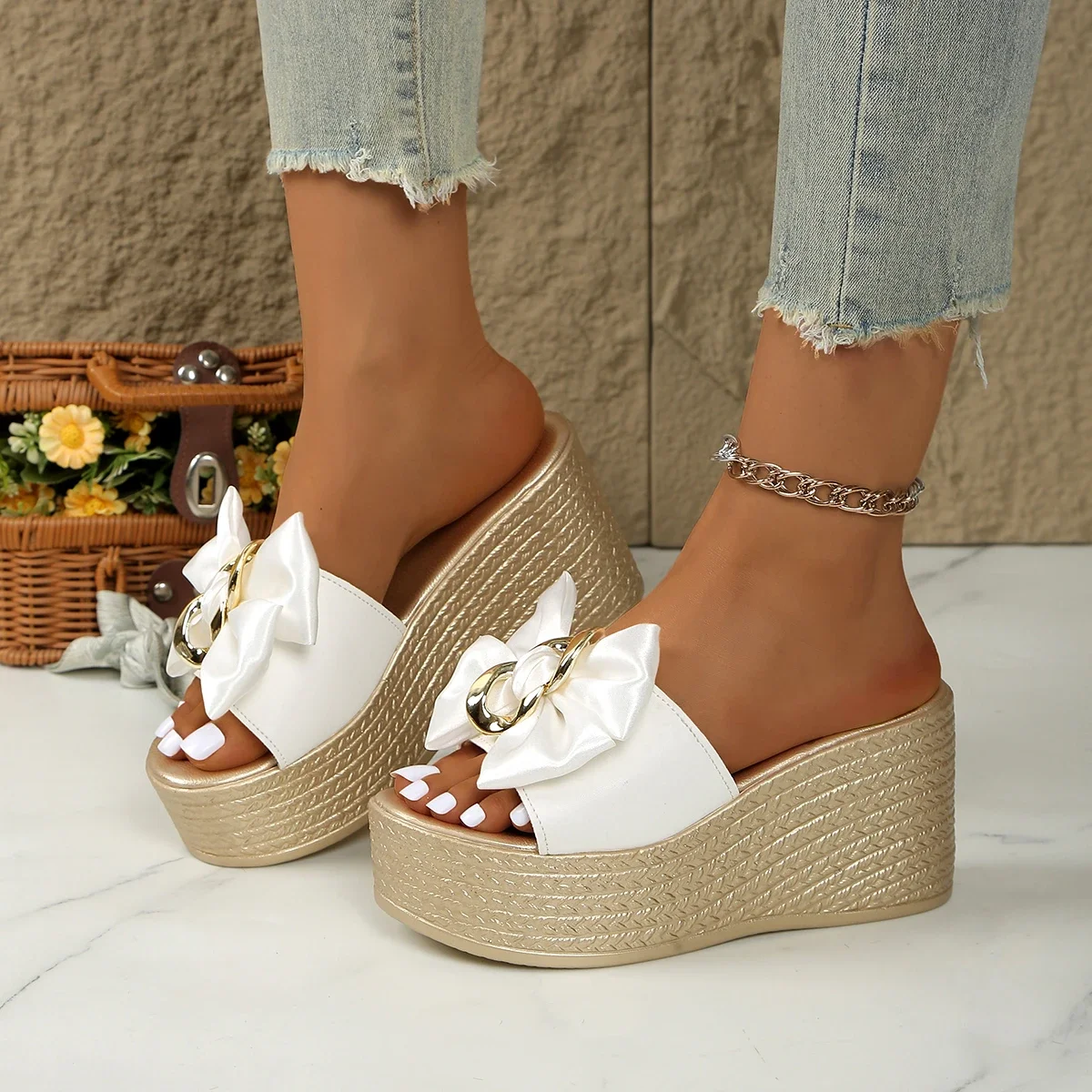 High Heels Women Slippers Bow Slippers New Wedges Platform Sandals Summer Women Comfortable Casual Dress Shoes Slides