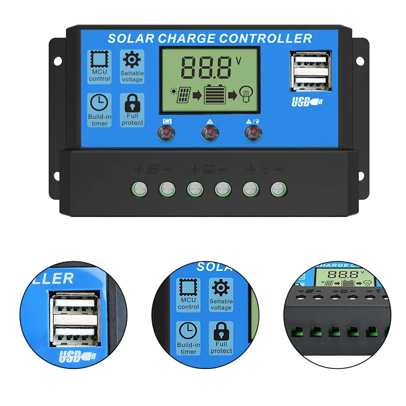 10A/20A/30A PWM Solar Controller 12V/24V LCD w/Dual USB Timer, 3-Stage Charging