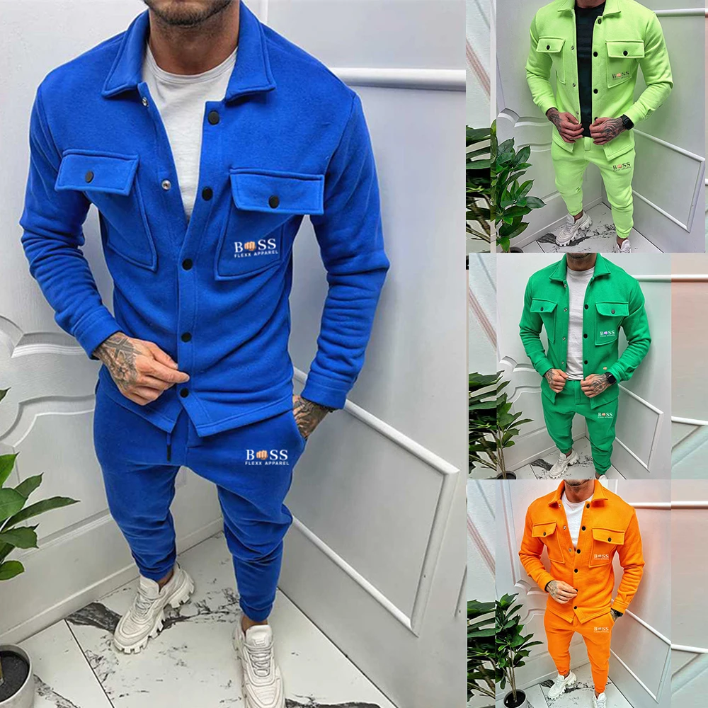 2023 BOS5 Jacket Cargo Pants Sets with Pockets Overalls Male Fashion Suit Solid Color Autumn High Street Tracksuit 2 Piece Set houzhou oversized cargo jeans women baggy punk style grunge y2k high street vintage wide stacked jeans with pockets denim pants