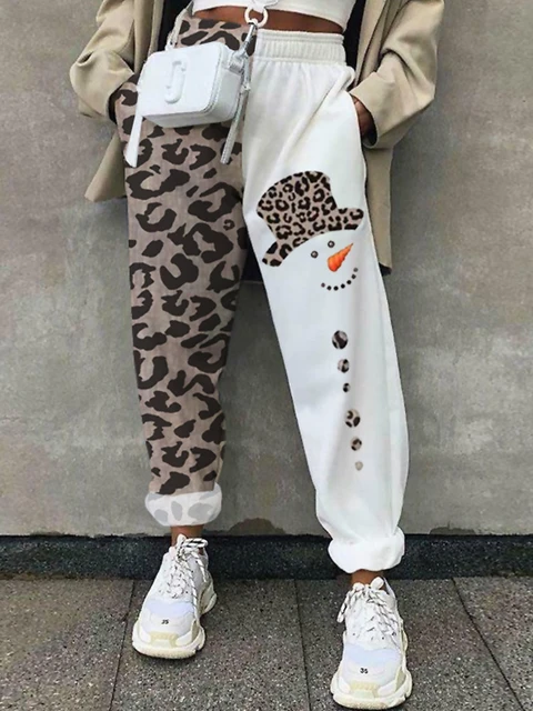 Women's Cinch Bottom Sweatpants Christmas Leopard Snowman Printed