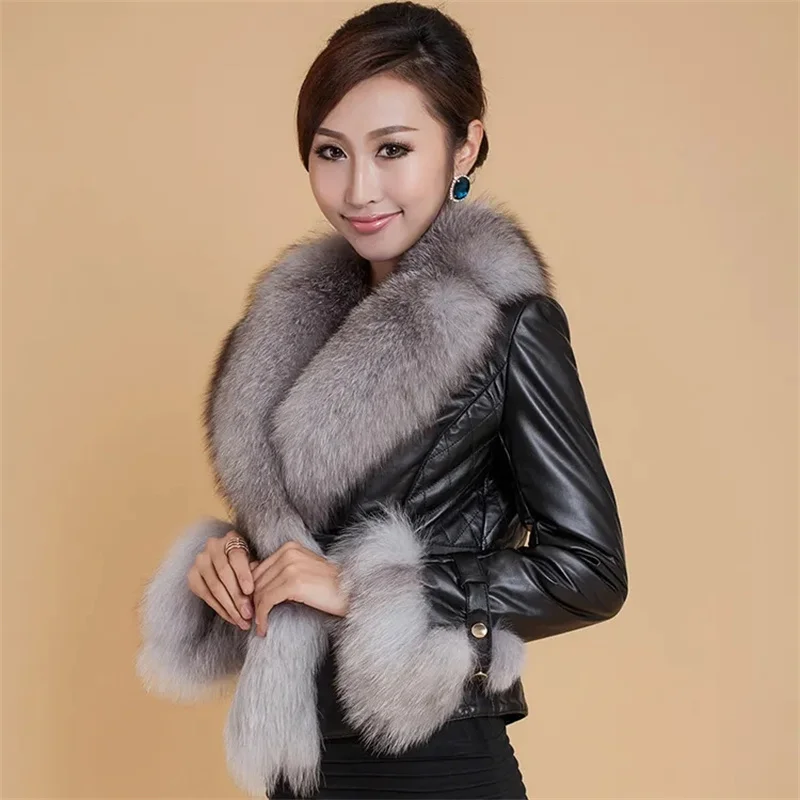

2023 Short PU Leather Jacket Women Autumn Winter Fox Fur Collar Cotton-padded Coats Parkas Leather Overcoat Lady Slim Warm Tops