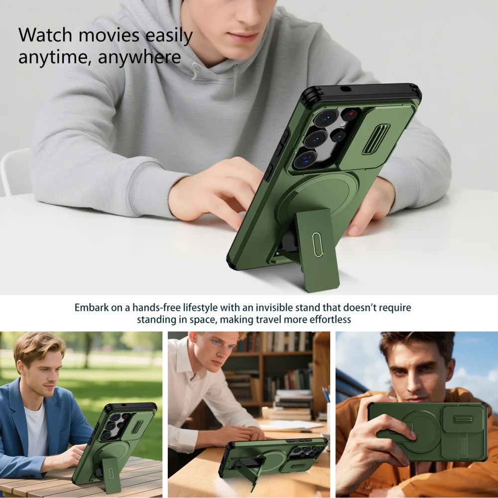 Magnetic Stand Holder Case with Slide Camera Protection - Armor Shockproof Cover