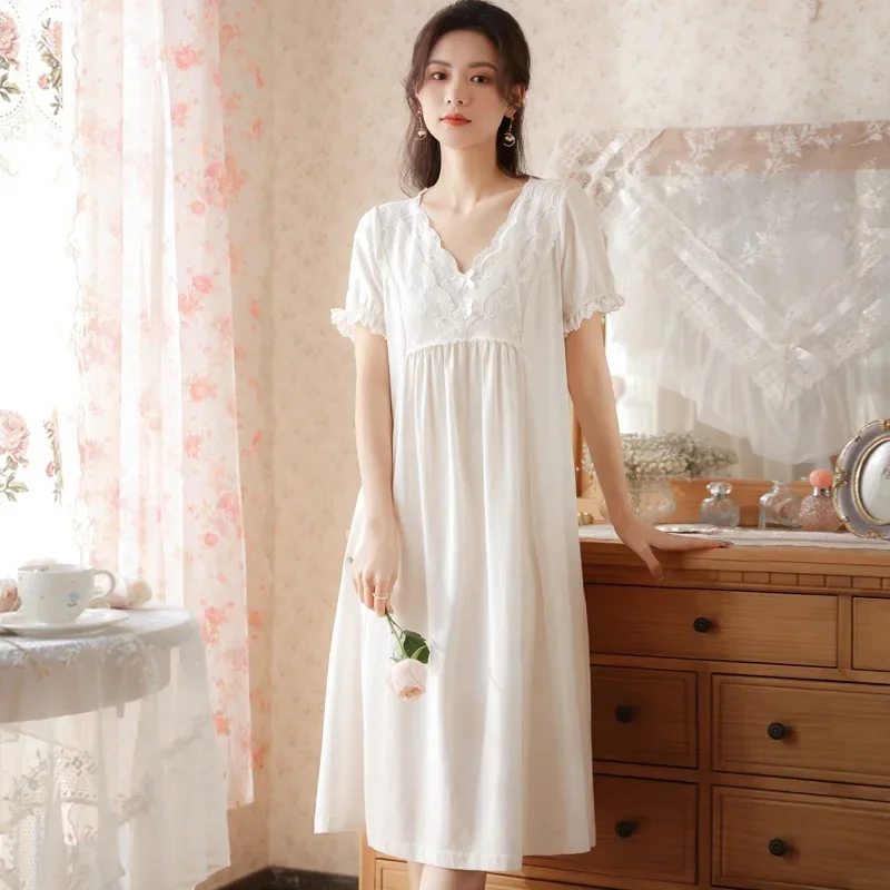 

Victorian Nightgowns Women White Cotton Night Dress Princess Sleepwear Vintage Sexy Lace Fairy Short Sleeve Peignoir Nightdress