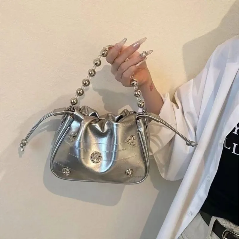 Harajuku Style Silver Diamond Studded Handbag Women Beaded Handle Gather Drawstring Chain Shoulder Bags Ladies Y2k Crossbody Bag