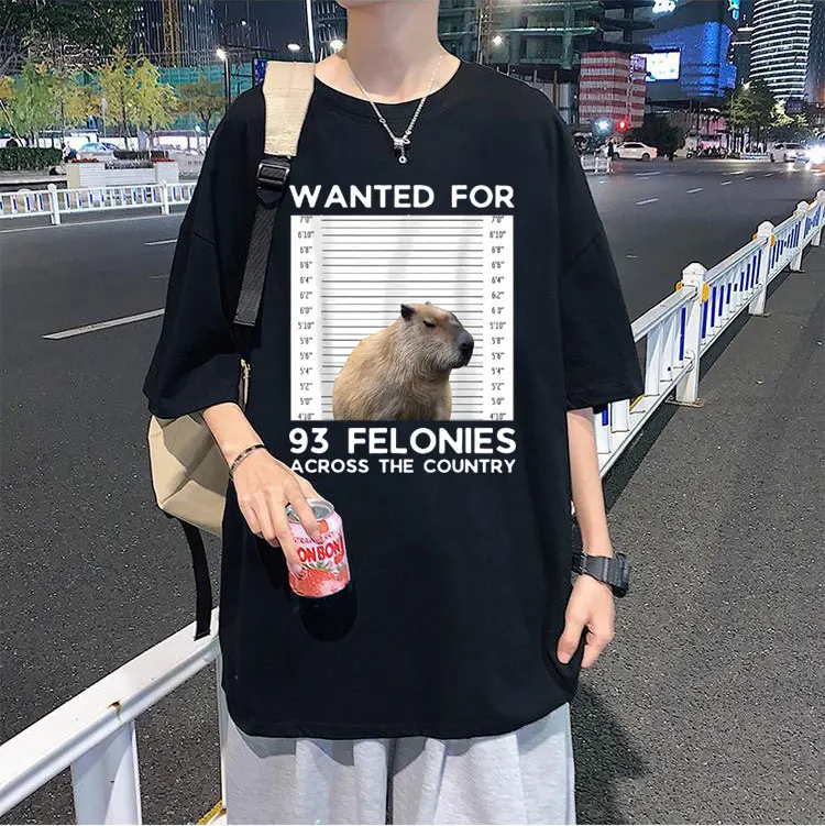 

Funny Capybara Mugshot Wanted for 93 Felonies Across The Country Men Women Cotton T-shirt Summer Male Oversized Tee Short Sleeve