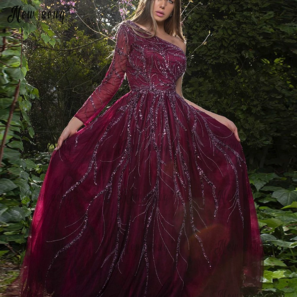 

Gorgeous One Long Sleeve Burgundy Evening Dress Women Beading 2023 Wedding Party Gowns Plus Size Custom Vestidos De Fiesta