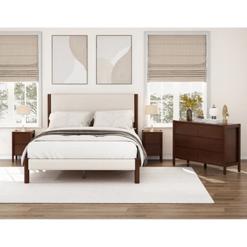 Modern minimalist style Bedroom Sets Upholestery Frame Queen Platform Bed,with Two Nightstands. 1