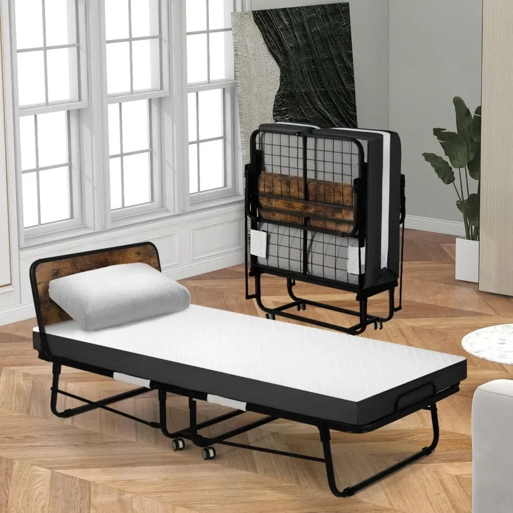 

Single Folding Bed with Memory Foam Mattress,Portable Rollaway with Headboard&Sturdy Steel Frame on Wheels