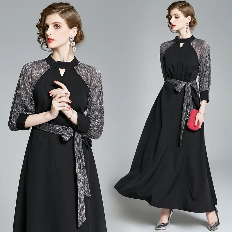 

Fashion New Retro Elegant Black Color Female Party Robe Feminino Bright Wrist Sleeve Patchwork Spring Dresses Bandage Vestidos