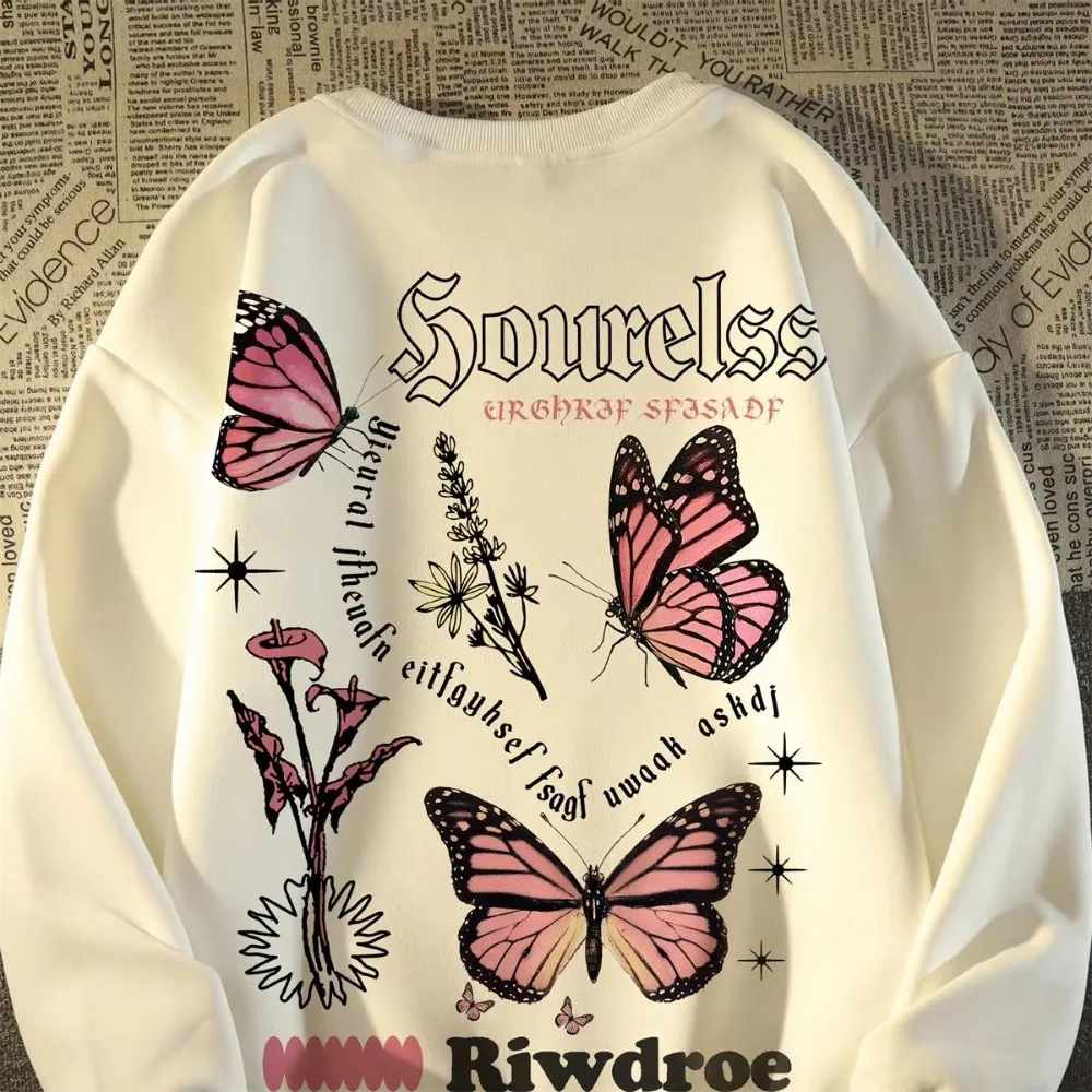 

Vintage Brand Plant Butterfly Graphic Sweatshirt Lady Men High Street Loose Pullover Winter Long Sleeve Top Korean Style Hip Hop