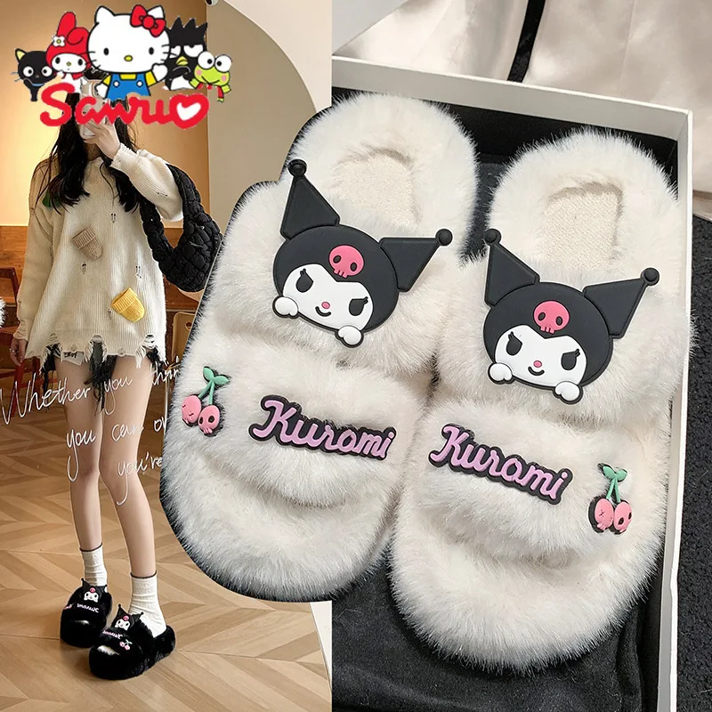 

Sanrio Kuromi Hello Kitty Melody Cinnamoroll Pochacco Wears Plush Slippers for Women in Winter Fashion Girly Flat Slippers Shoes