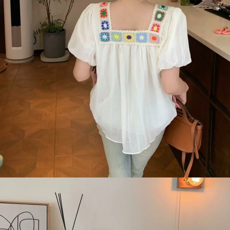 Summer Women's 2024 New Pullovers Square Collar Embroidery Fashion Solid Color Loose Puff Sleeve Short Sleeve Blouses Shirts