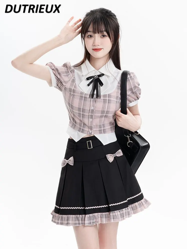 Sweet College Style Fake Two-Piece Retro Plaid Shirt Single-Breasted Slim Top High Waist Contrast Color Pleated Skirt Suit