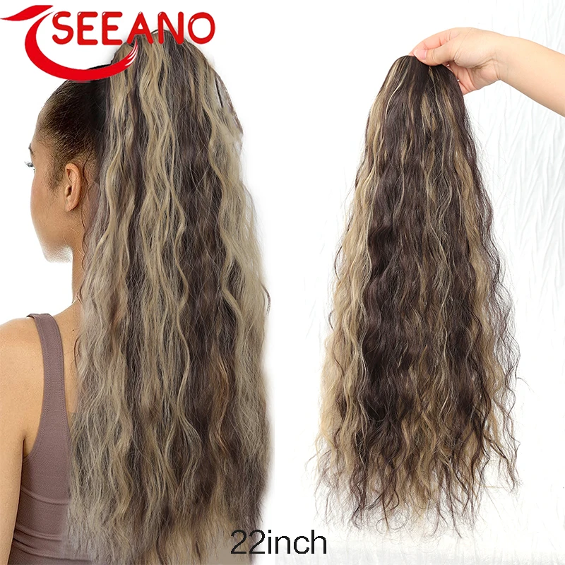 

SEEANO 20/26 Inch Synthetic Long Curly Wave Drawstring Ponytail Wavy Ponytail Clip-on Ponytail Extensions Curly Hairpieces