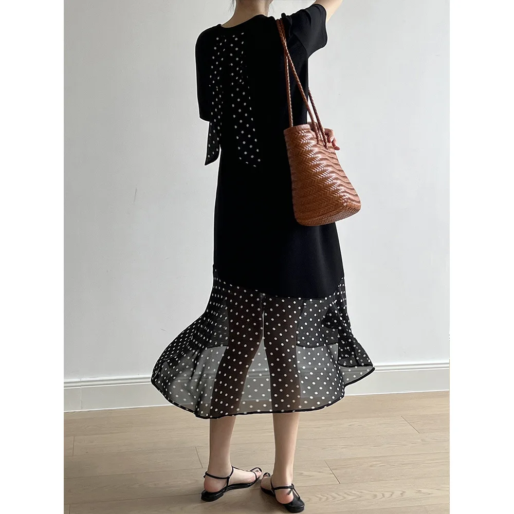 

Women Clothing French Style Patchwork Polka Dot Dress 2024 Summer New Fashionable Bow Fishtail Elegance Sweet Women Dress