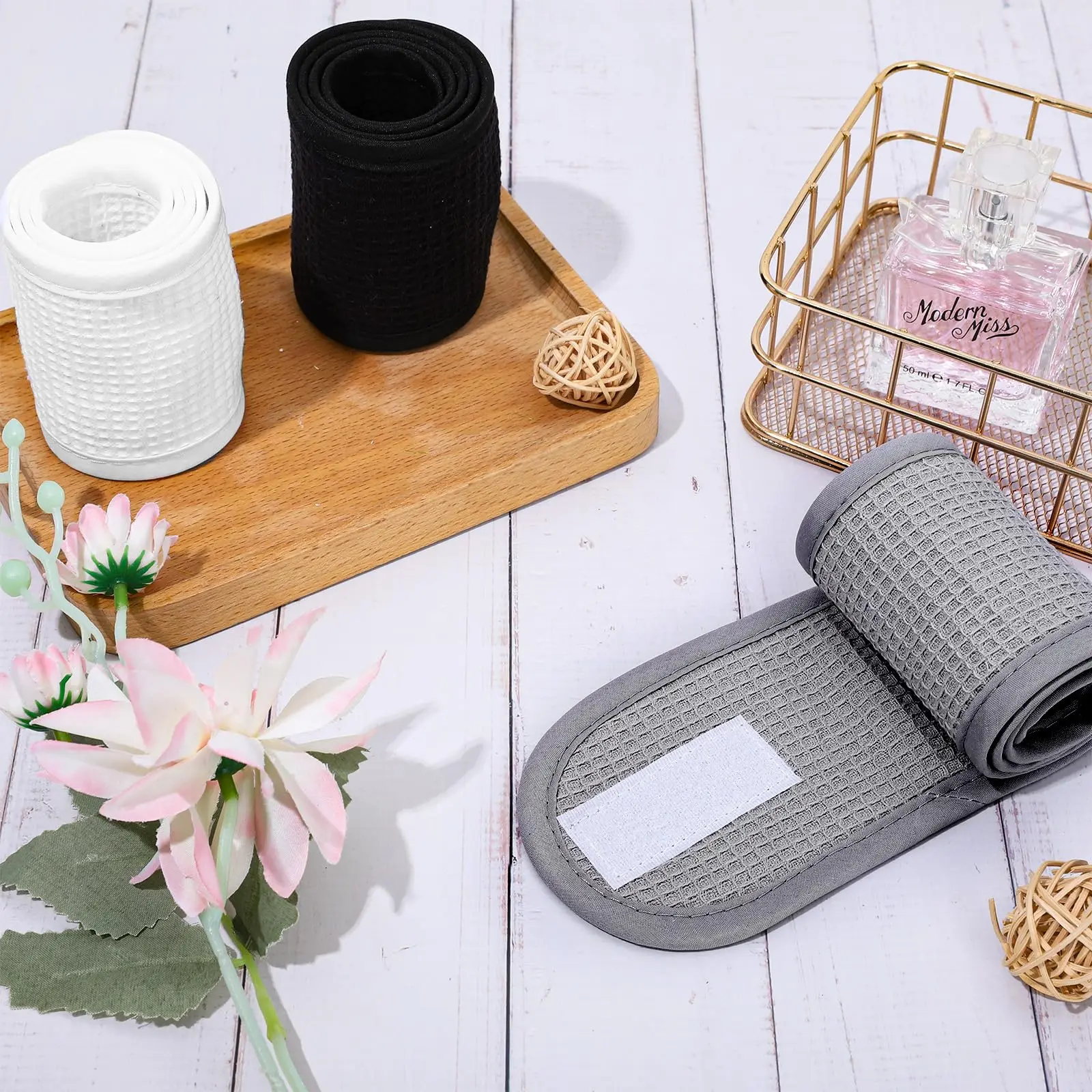 cotton walf Adjustable Facial Makeup Headband with Magic Tape Pure Natural Terry Waffle Sweat-Absorbent Facial Spa Headband 2