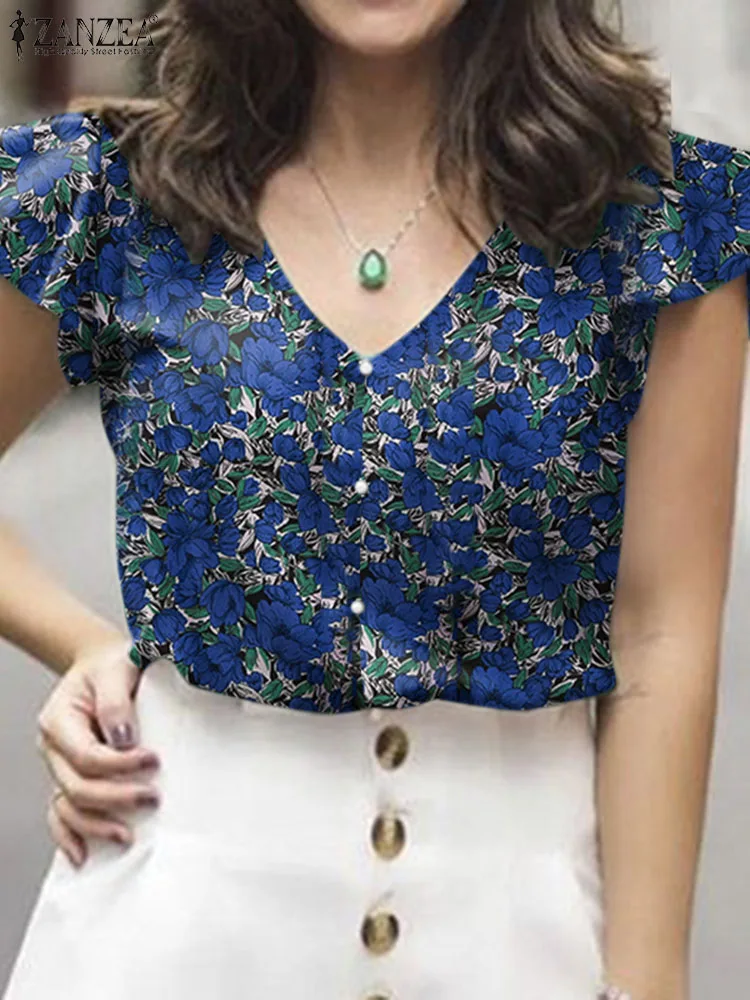 

ZANZEA Summer Casual Holiday Tunic Tops Fashion Floral Printed Blouse Elegant Short Sleeve Shirt Bohemian Beach Chemise 2023