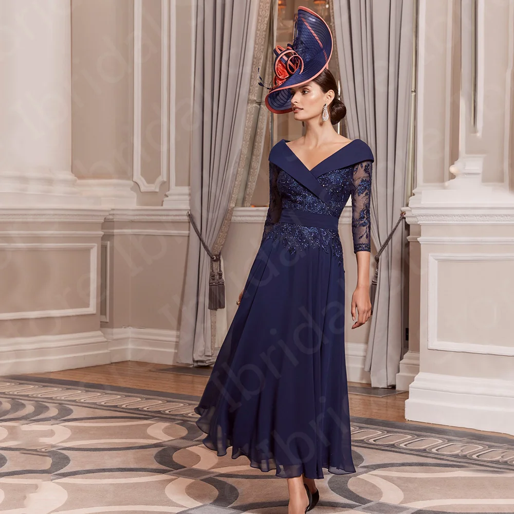 

Elegant New Navy Blue Mother of the Bride Dresses Lace 3/4 Sleeves Ankle Length Wedding Party Gowns V Neckline