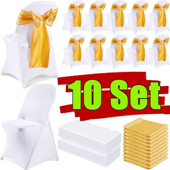 Ensemble de housses de chaise pliantes avec 10 housses extensibles, 10 ceintures de chaise en Satin, nœuds, ruban, protection de Banquet pour fête d'événement de mariage 1
