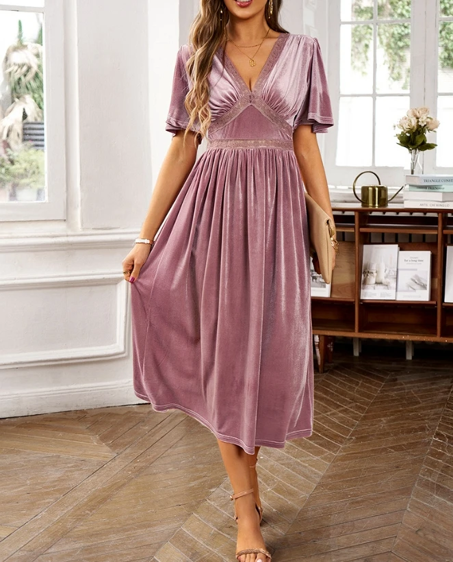 Elegant Women's Evening Dress 2024 Summer Sexy V-Neck Velvet Waist Fold Short Sleeve Dresses Elegant Party Dress Woman Clothing
