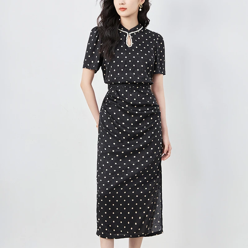 

Женское элегантное платье в горошек, длинное облегающее атласное платье с бисером, воротником-стойкой и коротким рукавом, лето 2024