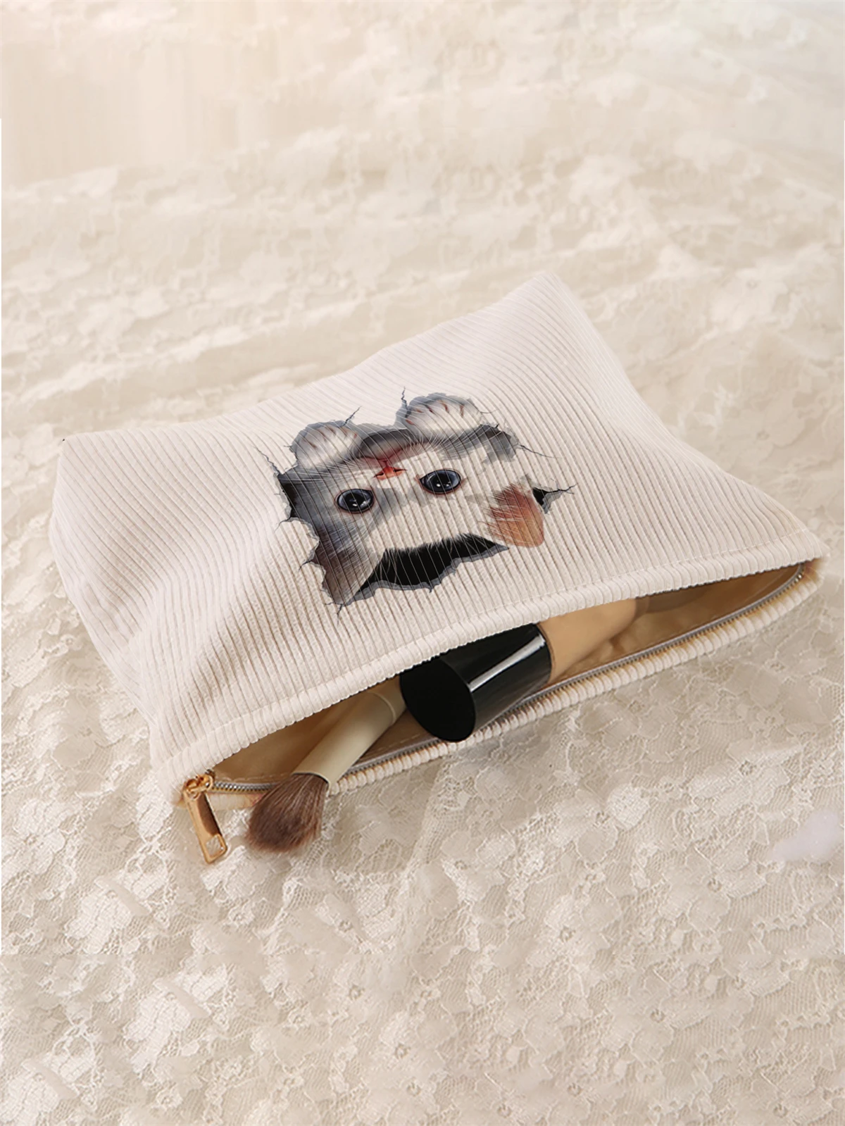 1 cat pattern printed corduroy makeup bag, lightweight zipper makeup storage box, multifunctional bag with lining