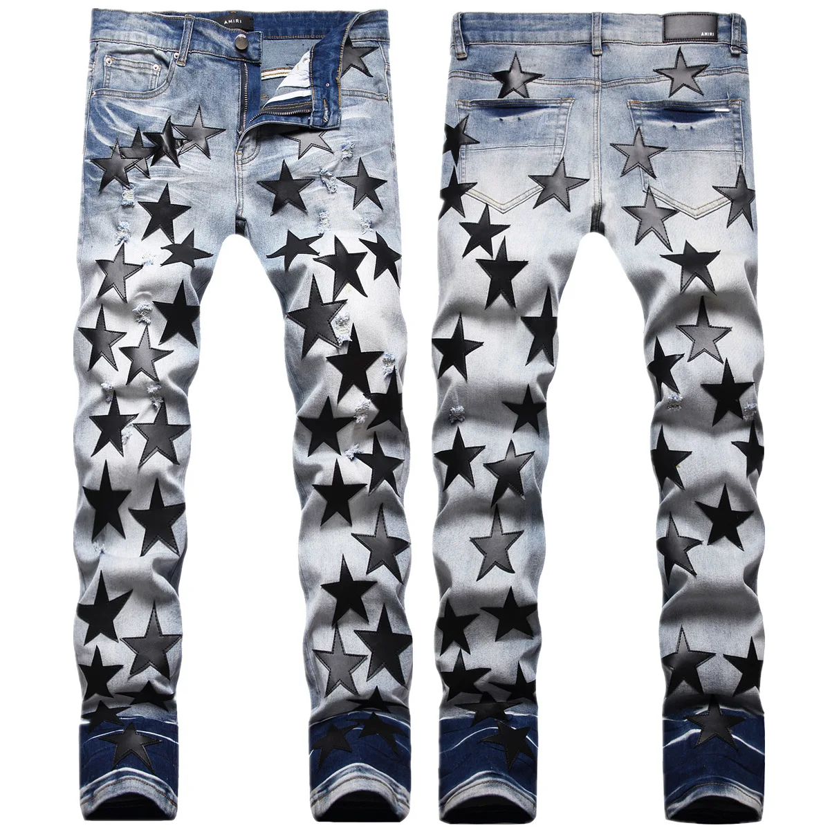 Fashion brand autumn winter black five-pointed star embroidery slim jeans men's trend personality small foot stretch pants
