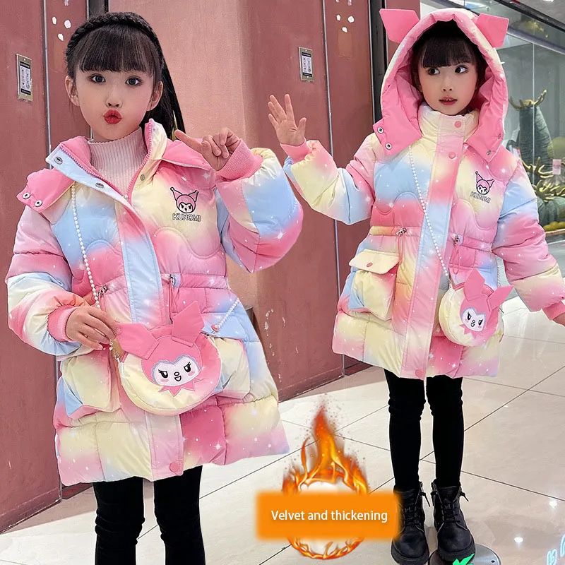 

Cartoon Girls' Kuromi Princess Outerwear Winter Plus Velvet Hooded Cotton Coat Cute Zara Kids Coats Children Cothes Student Gift