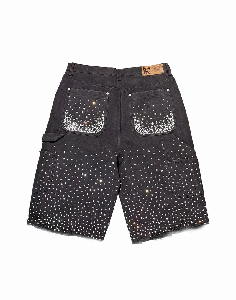Streetwear Retro Ripped Denim Shorts Men Women Harajuku Hip Hop Punk Twinkle Rhinestone Short Jeans Gothic Brown Baggy Shorts denim shorts summer jeans shorts