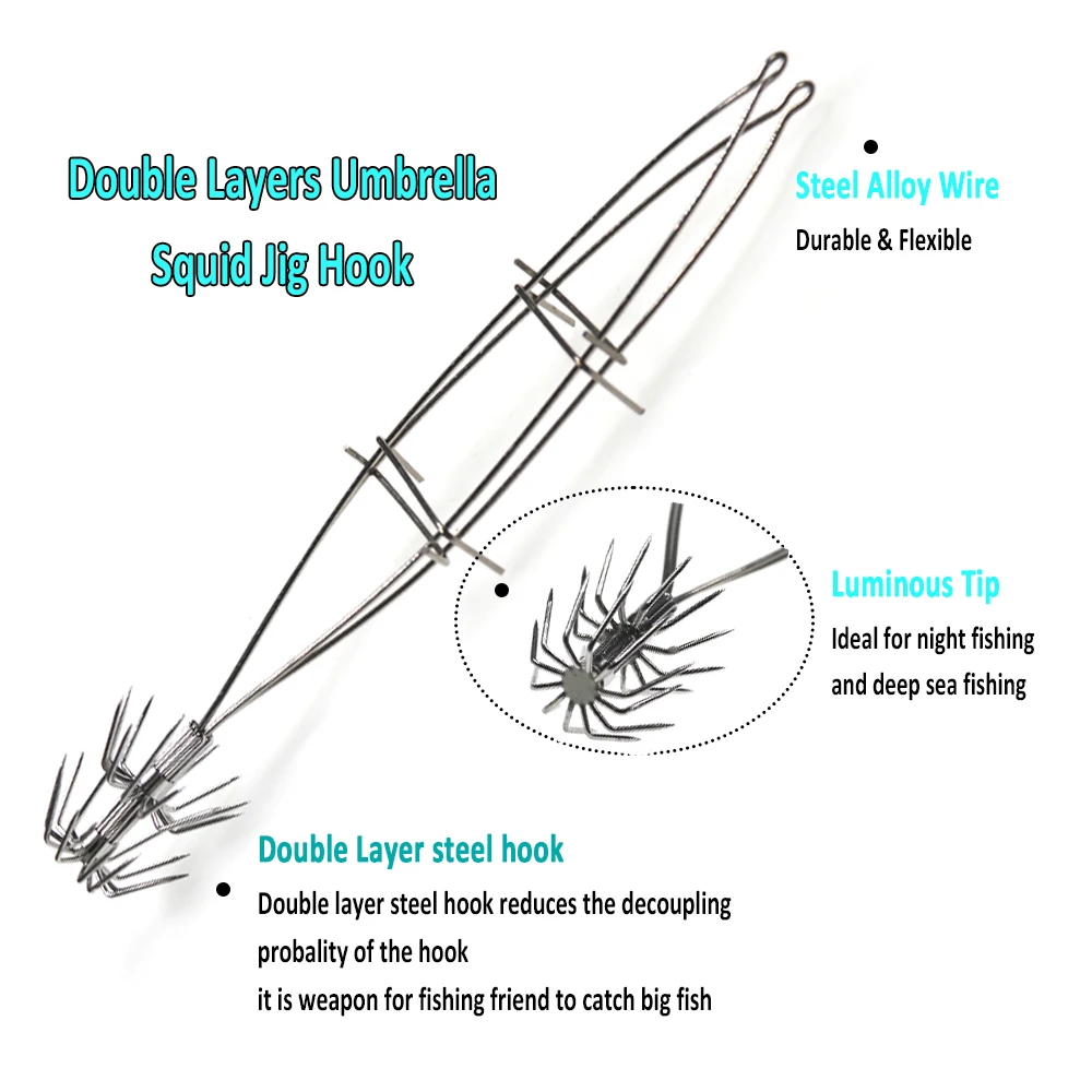 Fishing Double Umbrella Hooks, Doublerow Squid Hook Larger Luminous Powder  Squid Hook Jigs for Outerdoor Fishing