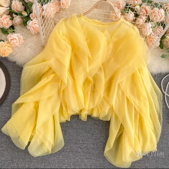 

Fairy Fairy Summer Autumn Women's Multi-Layers Ruffled Chiffon Shirts Mesh Pleated Folds Blouses Long Lantern Sleeve Tops Blusas