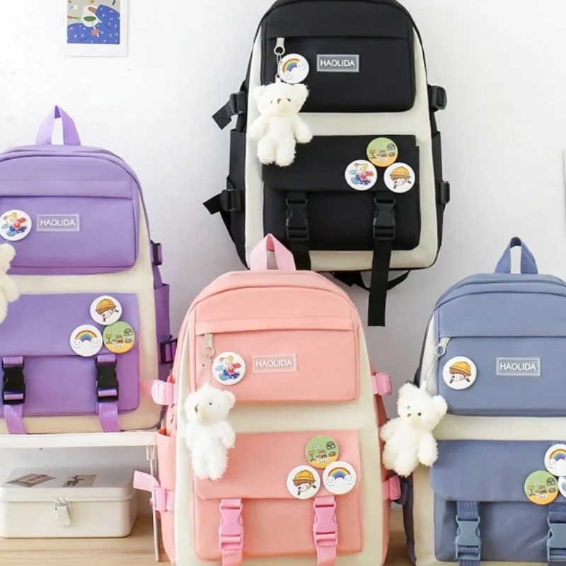 Canvas Backpack Women's Korean Version Large Capacity Five-Piece Set Students Backpack