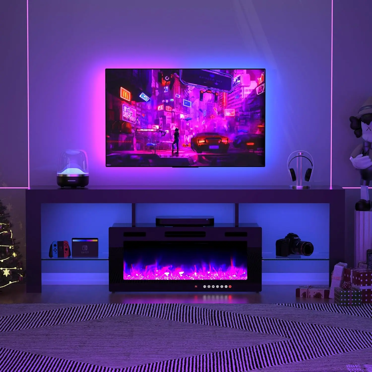 Modern 70" TV Fireplace Stand with 12-Color LED Lights & 12-Color Flame, High Gloss Floating Fireplace Entertainment Center 6