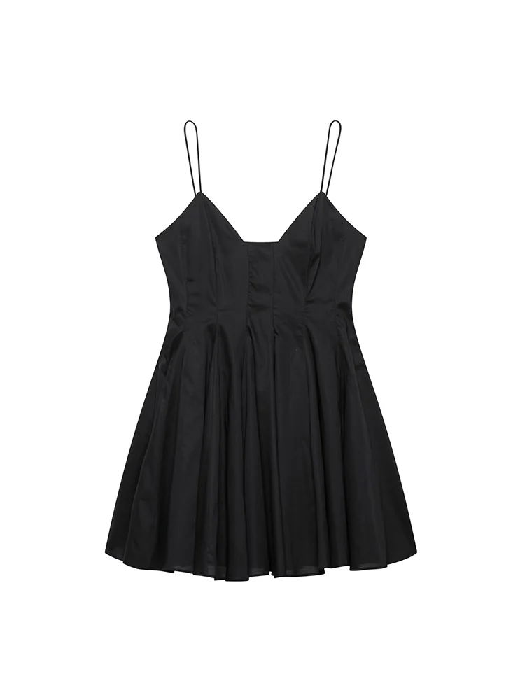 TFMLN Sexy Women Pleated Strap Dresses 2025 Summer Sweet Sleeveless Backless Party Dress Fashion Chic Solid V Neck Mini Dresses