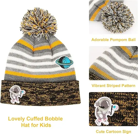 Maylisacc Winter Kids Bobble Hat Scarf Gloves Set with Double Layer Fleece Lining for Boys Girls Aged 3-8, Warm Knitted Pom Pom