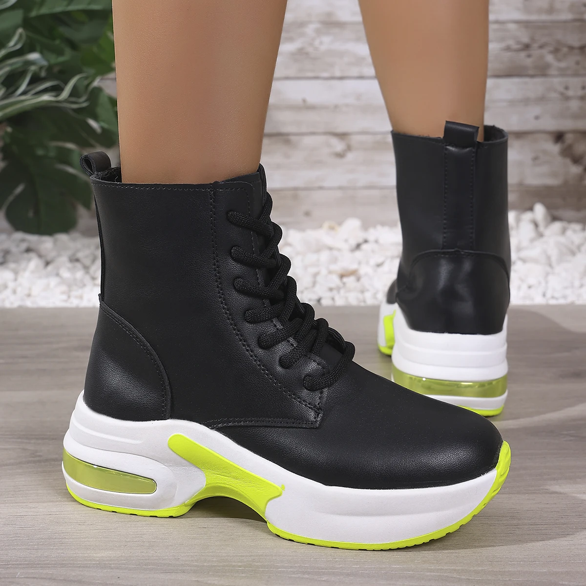 Aphixta Lace Up Woman Ankle Boots Platform 6cm Wedge Heel Leather Short Boots Chunky Heels shoes for woman botas de mujer Size43