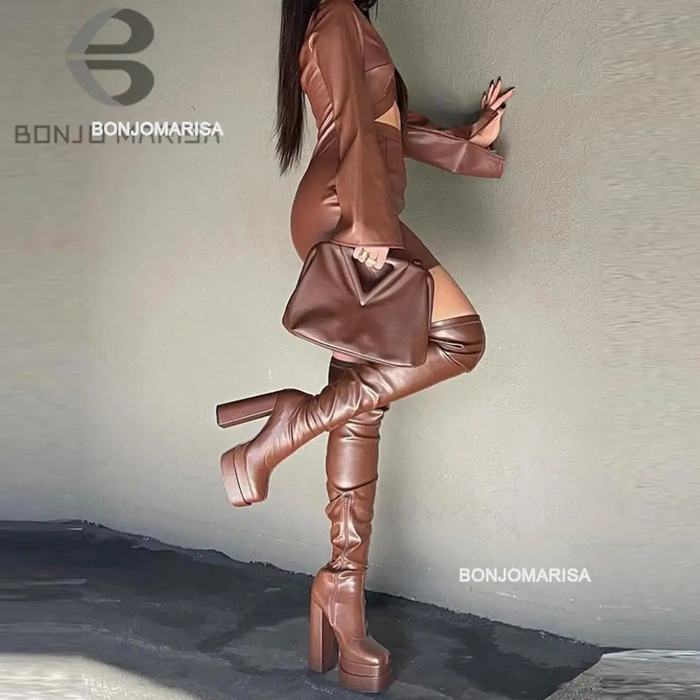 Bonjomarisa Women Thigh High Boots Double Platform Block High Heels Over The Knee Boots Zip Sexy Long Shoes Boots For Woman