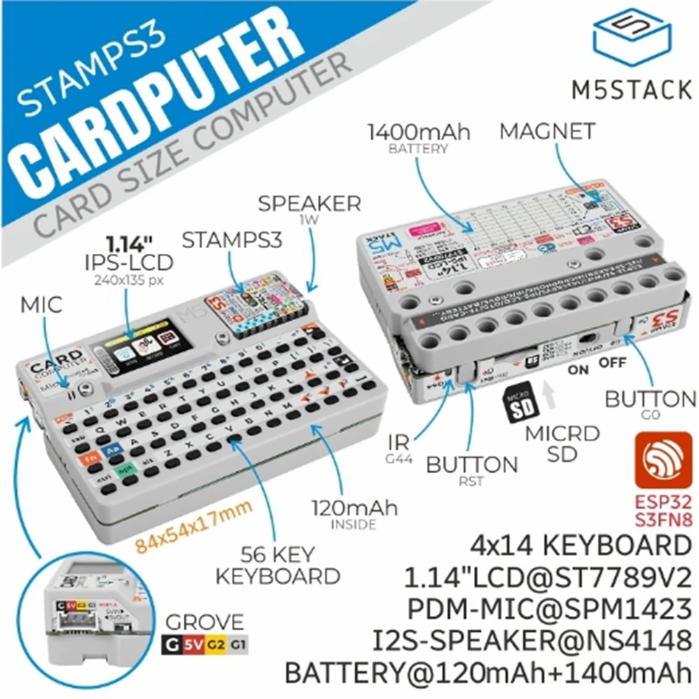M5stack 카드 컴퓨터 스탬프 S3 마이크로 컨트롤러, 56 키 키보드 카드 컴퓨터, DIY 전자 제품