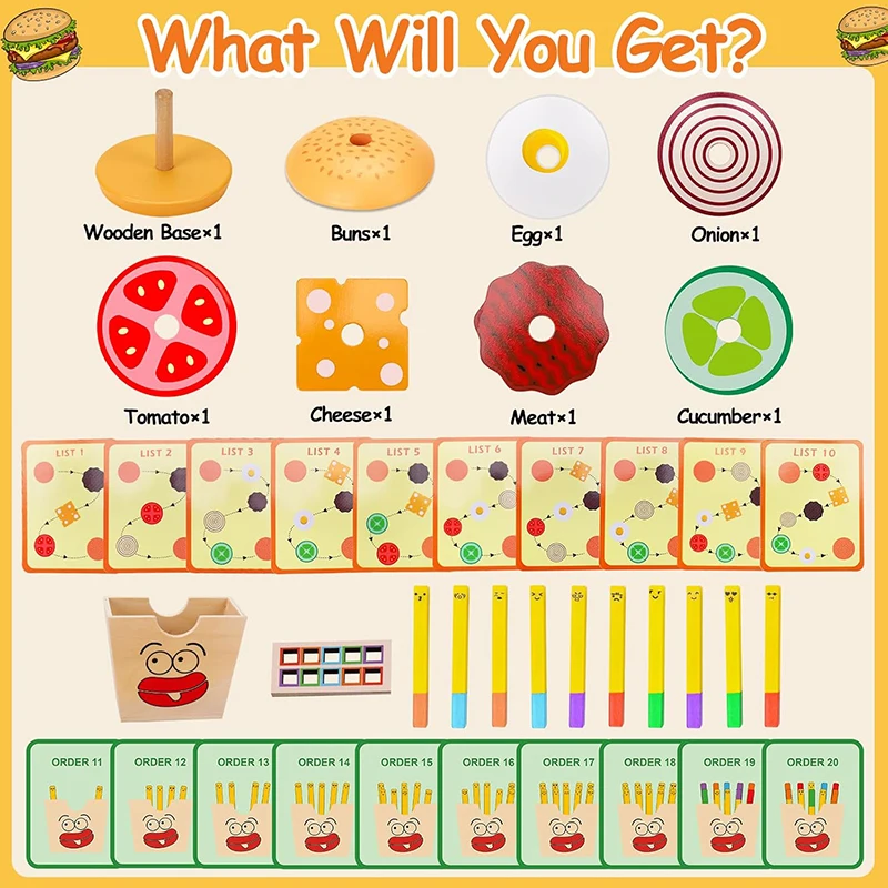Montessori Toys for 2 3 4 5 Year Old Wooden Hamburg Sandwich Stacking Toys French Fries Matching Game Pretend Play Food Toy Gift
