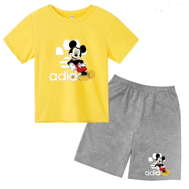 thumbnail image 1 of Conjunto de 2 piezas de camiseta y pantalones cortos de marca Disney de manga corta de verano para niños y niñas, conjuntos de moda para bebés de 2 a 12 años, 1 of 5