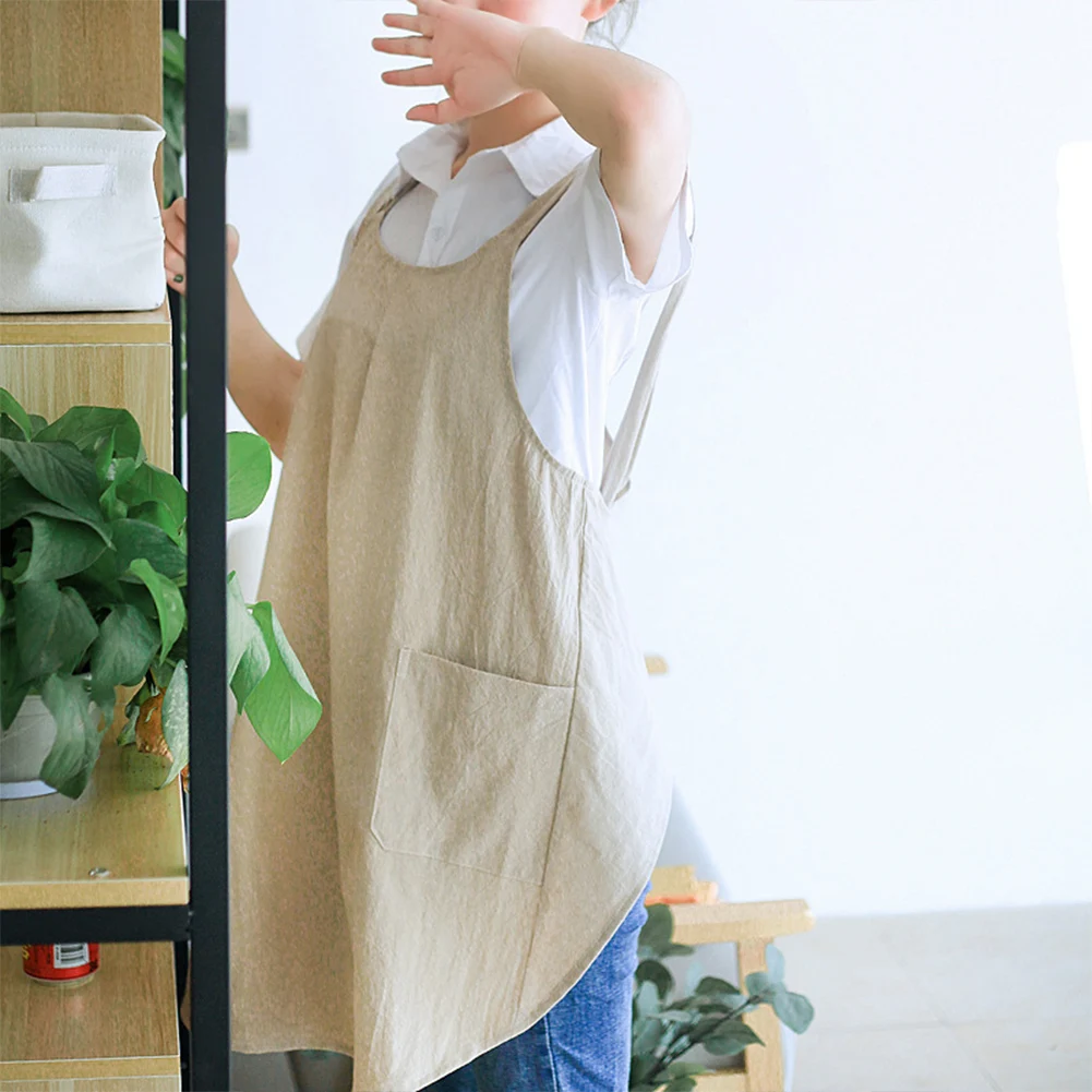 Baumwoll-Leinen-Schürze, überkreuzte Schürze mit 2 geräumigen Taschen zum Kochen, Backen, Grillen und Grillen, Küchenschürze – Detail 10