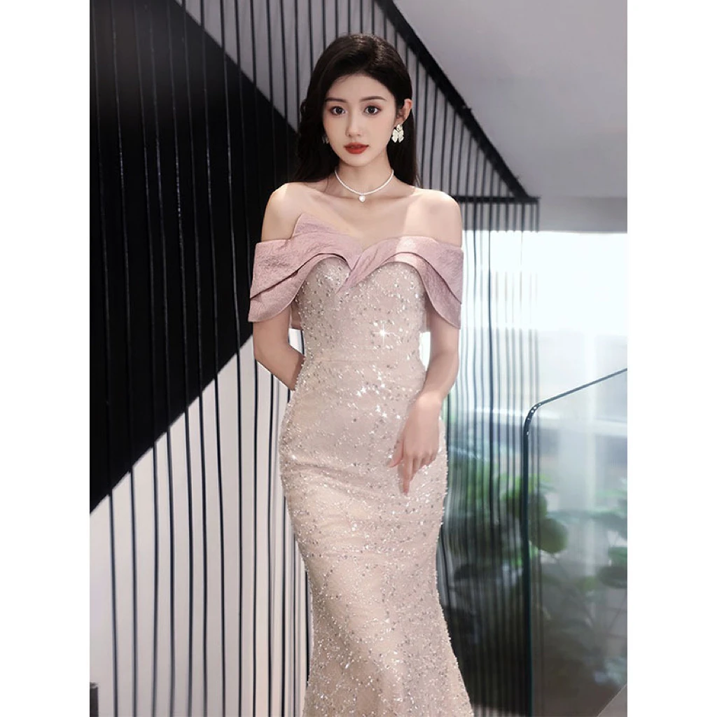 

Glitter Shiny Prom Dresses Mermaid Sequins Off the Shoulder Pleated Lace-up Quinceanera Host Ceremony Party Celebrity Gowns Lady