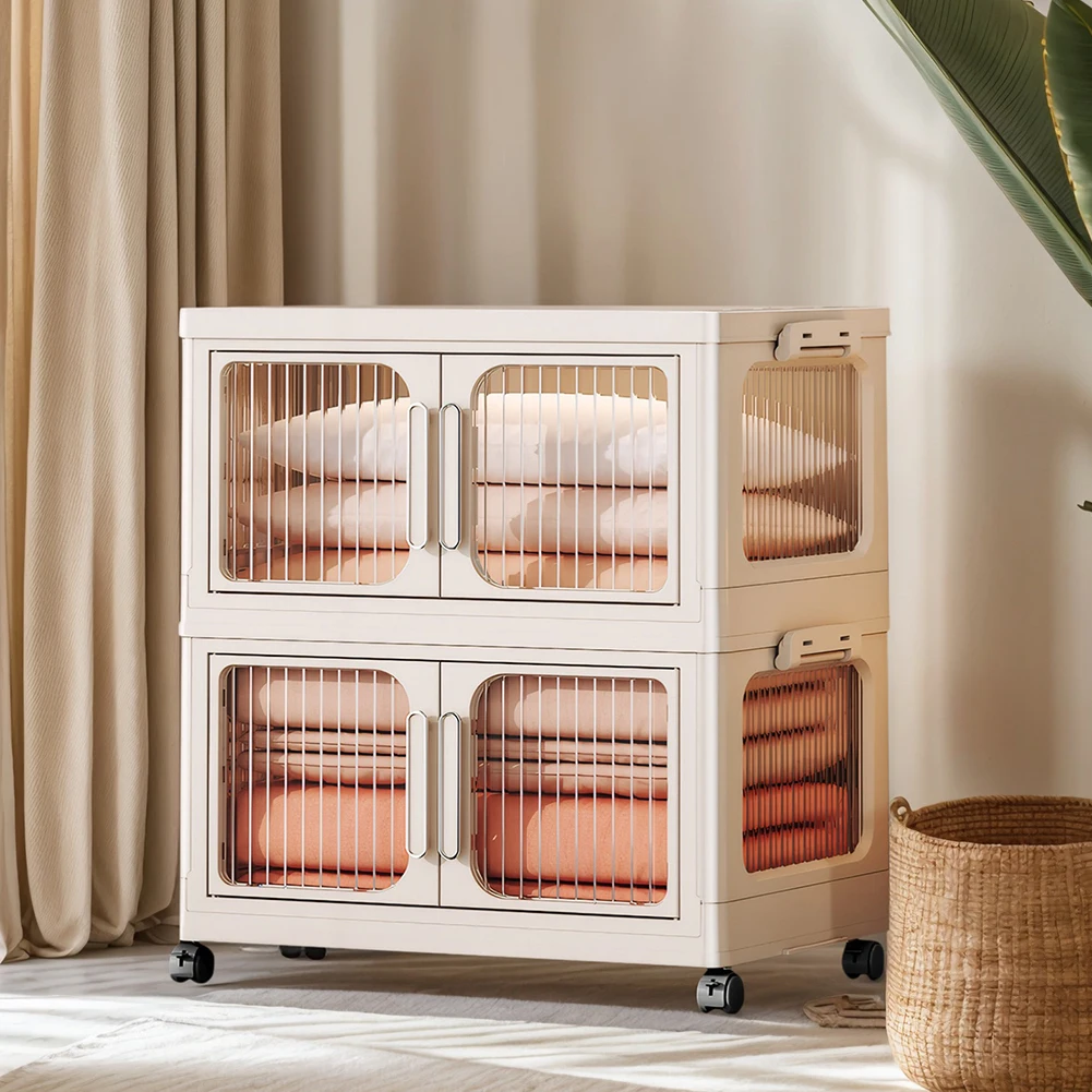 2-Layer Multifunction Storage Cabinet with Wheel Foldable Closet Large Capacity Clothes Wardrobe for Books Clothes Small Gadgets