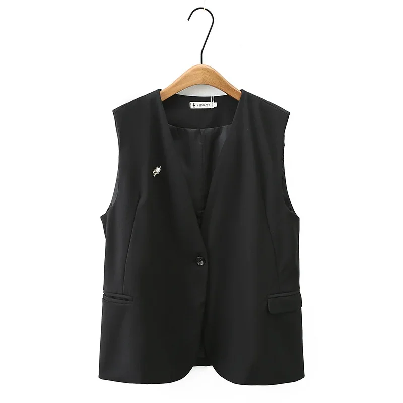 

Plus Size XL-4XL Women's Solid Color V-neck Autumn New Vests Ladies' Elegant Button Up Office-wear Outerwear