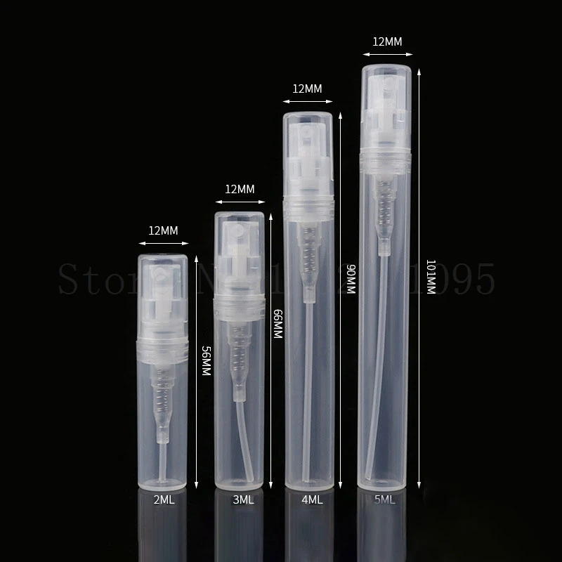 100pcs/lot 2 3 4 5ml Clear Transparent Plastic Perfume Spray Bottle Pen Atomizers Clasp Refillable Small Sample Trial Size Vial